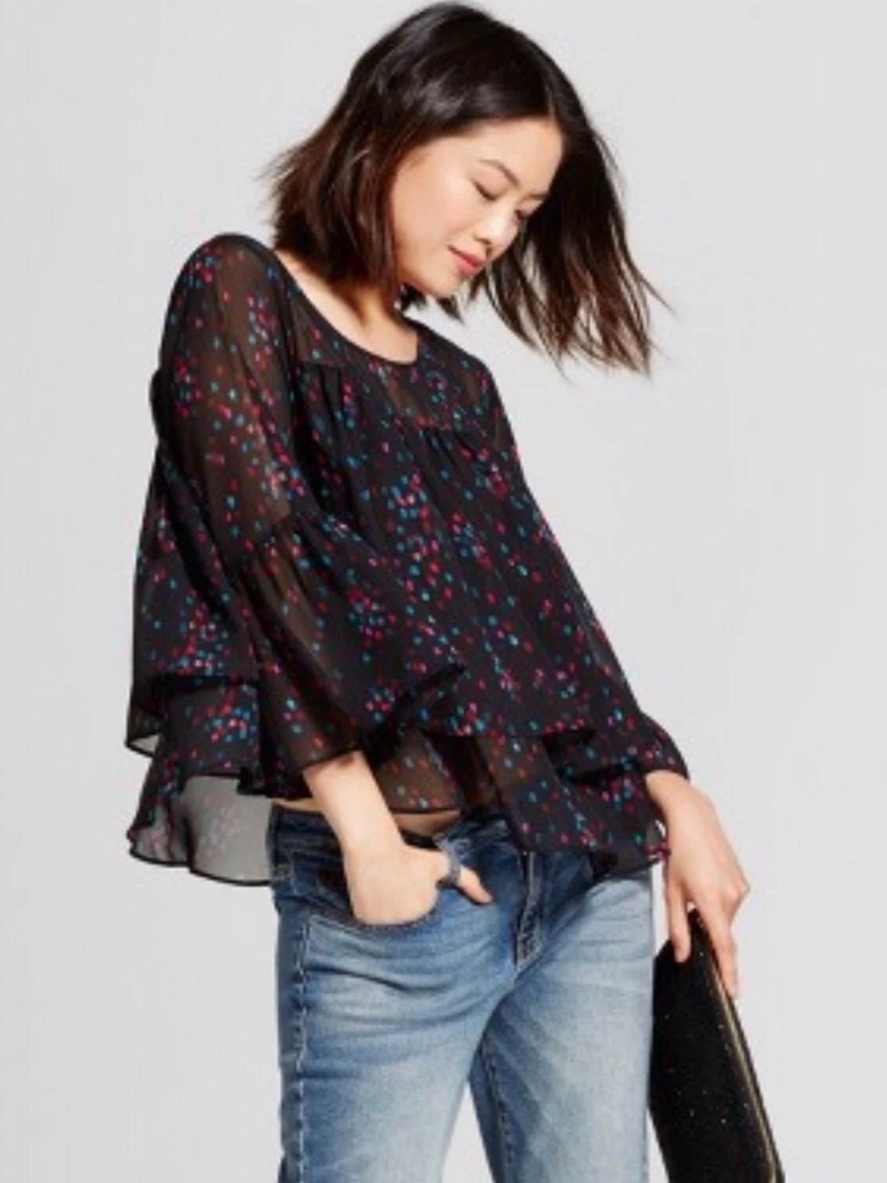 A New Day Sheer Black Confetti Dot Ruffle-Sleeve Top